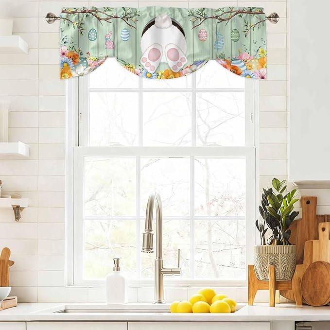 Easter Tie Up Valance Curtains for Windows, Kitchen Curtains Window Shades, Spring Watercolor Bunny Eggs Wooden Grain Green Light Filtering Roman Curtain Valances for Bedroom/Bathroom/Cafe 54"x18"