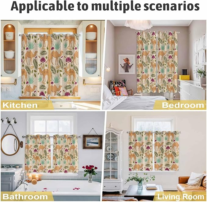 2 Panel Kitchen Cafe Curtains, Desert Camels Sunlight Filtering Nature Air Through, Home Decor Window Covering Tier Curtains for Bedroom Living Room Vintage Sand Animals Aloe Vera Leaves Beige