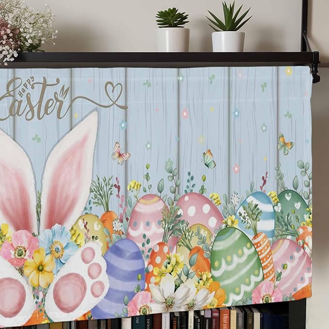 Easter Curtain Valances for Windows, Kitchen Valance Window Treatment, Spring Eggs Rabbit Ear Flowers Wooden Grain Light Filtering Block Curtains for Bathroom/Bedroom/Living Room 54'' x 18''