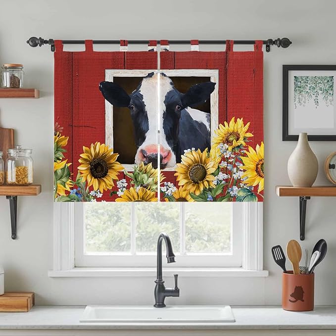 Cow Sunflowers Kitchen Curtains 45 Inch Length, Short Cafe Window Curtains Tab Top, Botanical Floral Leaves Bees Farm Barn Light Filtering Window Treatments Tier Drapes 27.5"x45" 2 Panel