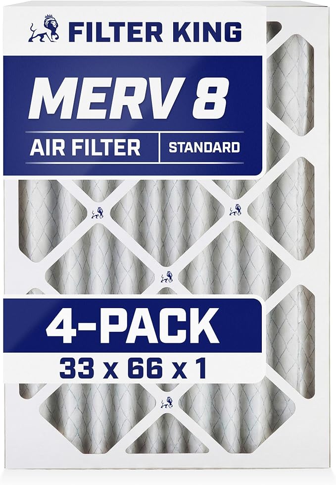 Filter King 33x66x1 Air Filter | 4-PACK | MERV 8 HVAC Pleated A/C Furnace Filters | MADE IN USA | Actual Size: 33 x 66 x .75"