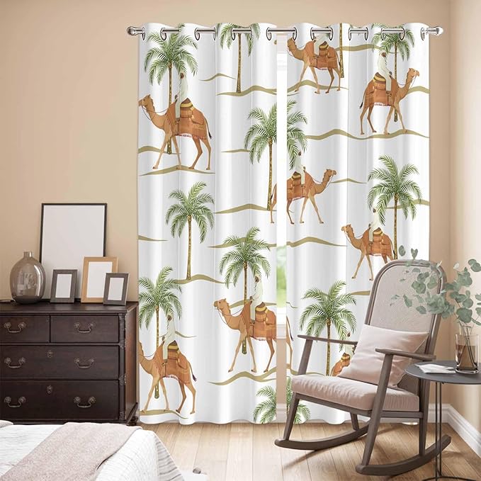 2 Panel Kitchen Cafe Curtains, Desert Camels Sunlight Filtering Nature Air Through, Home Decor Window Covering Tier Curtains for Bedroom Living Room 80W x 84L inch Tropical Date Palm Trees Animal
