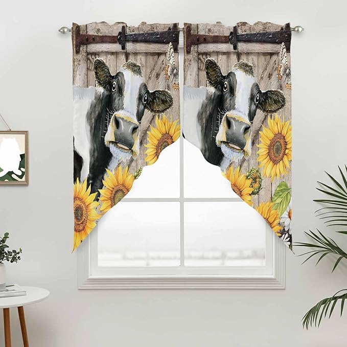 Retro Farmhouse Flower Swag Valances for Windows, Yellow Sunflowers Cow Barn Doors Brown Rod Pocket Kitchen Curtains Valance, Small Window Curtains Swag for Cafe Living Room, 2 Panels, 36x36 inch