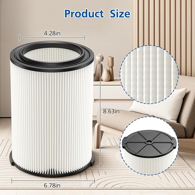 2-pack Standard Wet/dry Vac VF4000 Replacement Filter, Compatible with RIDGID Vacs 5-20 Gallons Vacuum Cleaner