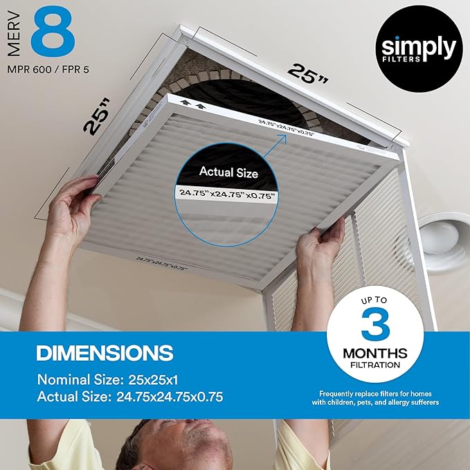 Simply 25x25x1 Air Filter, Merv 8, 4 Pack, For Home AC Furnace & HVAC (Actual Size: 24.75"x24.75"x0.75") DUST, Pet, & Allergy Control