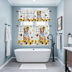Kitchen Curtains Tiers and Valance Set of 3, Sunflowers Dog Light Filtering Window Curtain Set, Spring Watercolor Floral Stars Colorful Plaid Rod Pocket Curtain Drapes for Living Room, 24 Inches Tiers