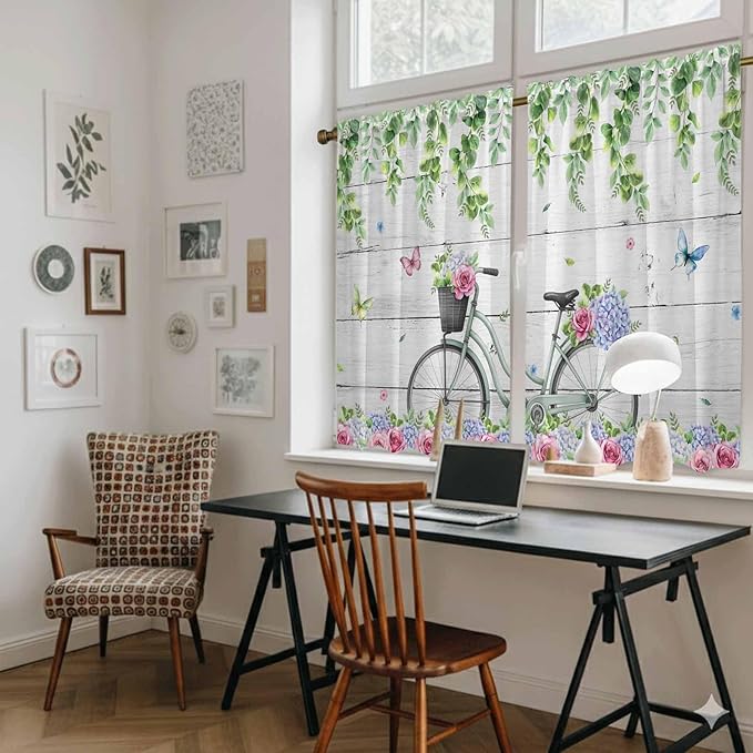 Spring Tier Curtains, Bicycles Botanical Rose Leaves Butterfly Wood Grain Light Filtering Kitchen Curtains, 2Pcs Rod Pocket Half Window Treatments Panels for Sink Cafe Cabinet Basement 27.5x45 Inches