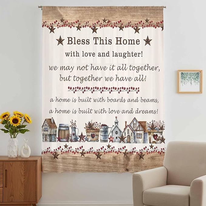 Farmhouse Sheer Curtains 96 Inch Length Country Star Barn Berry Brown Wood Plank Chiffon Curtain for Bedroom Living Room Light Filtering Rod Pocket Window Treatments Voile Curtains Drapes for Dining