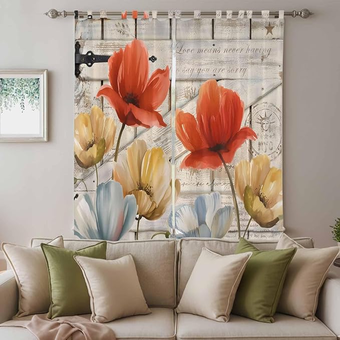 Retro Floral Living Room Curtains 84 Inch Length, Window Curtains Tab Top, Red Yellow Tulips Barm Doors Farmhouse Wooden Light Filtering Window Treatments Drapes 52"x84" 2 Panel