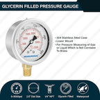 MEASUREMAN 2-1/2inch Dial Size, Liquid Filled Hydraulic Pressure Gauge, 0-5000psi/kpa, 304 Stainless Steel Case, 1/4inchNPT Lower Mount