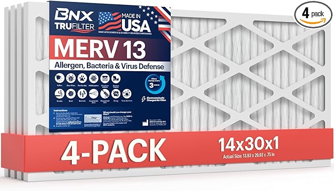 BNX TruFilter 14x30x1 Air Filter MERV 13 (4-Pack) - MADE IN USA - Electrostatic Pleated Air Conditioner HVAC AC Furnace Filters for Allergies, Pollen, Mold, Bacteria, Smoke, Allergen, MPR 1900 FPR 10