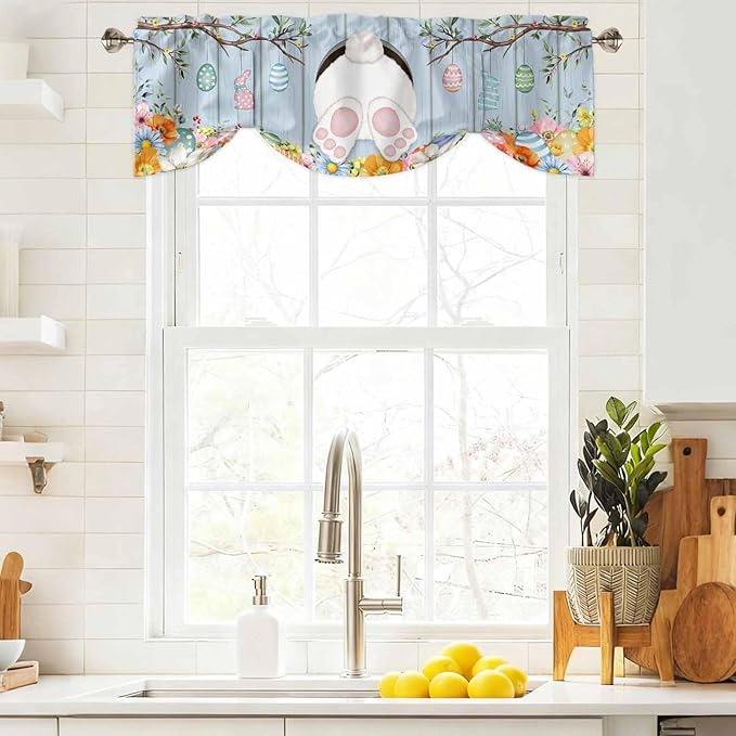Easter Tie Up Valance Curtains for Windows, Kitchen Curtains Window Shades, Spring Watercolor Bunny Eggs Flower Wood Grain Blue Light Filtering Roman Curtain Valances for Bedroom/Bathroom/Cafe 42"x12"