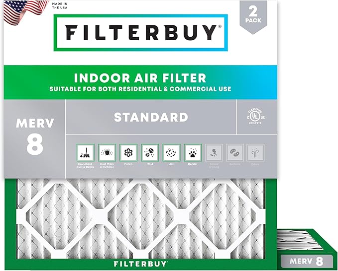 Filterbuy 19x19x1 Air Filter MERV 8 Essential Dust & Allergy Defense (2-Pack), Electrostatic Pleated HVAC AC Furnace Filters Replacement, Made in USA (Actual Size: 19.00 x 19.00 x 0.75)
