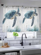 Sheer Curtains 45 Inch Length, Sea Turtle Teal Blue Semi Sheer Curtains Light Filtering Window Treatment, Summer Coastal Ocean Wood Grain Privacy Voile Drapes for Living Room Bedroom 52x45 Inch