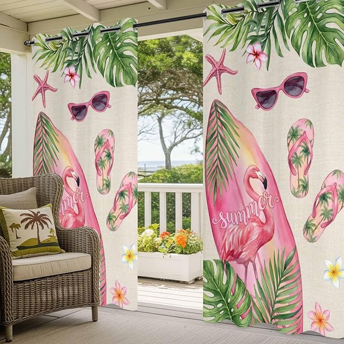 Summer Flamingbirds Outdoor Curtains for Patio Palm Leaves Plumeria Linen Waterproof Outside Curtains with Grommet Top Weatherproof Curtain for Cabana Pergola Gazebo, 2 Pack, 54" W x 108" L