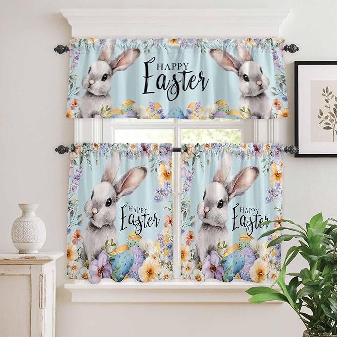 Happy Easter Kitchen Curtains Set 3 Piece for Windows,Rod Pocket Valance and Tier Set 36 Inch Length,Spring Grey Bunny Colorful Eggs Flower Blue Light Filtering Cafe Curtains for Living Room