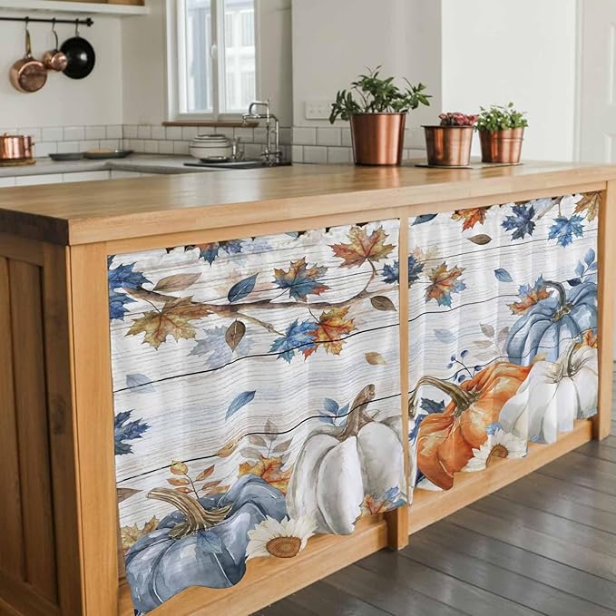 Thanksgiving Pumpkin Kitchen Tier Curtains 24 Inch Long 2 Panel Set,Rod Pocket Cafe Small Window Curtains Over Sink,Fall Maple Leaf Daisy Wooden Grain Short Drapes for Bathroom Cabinet 27.5"W x 24"L