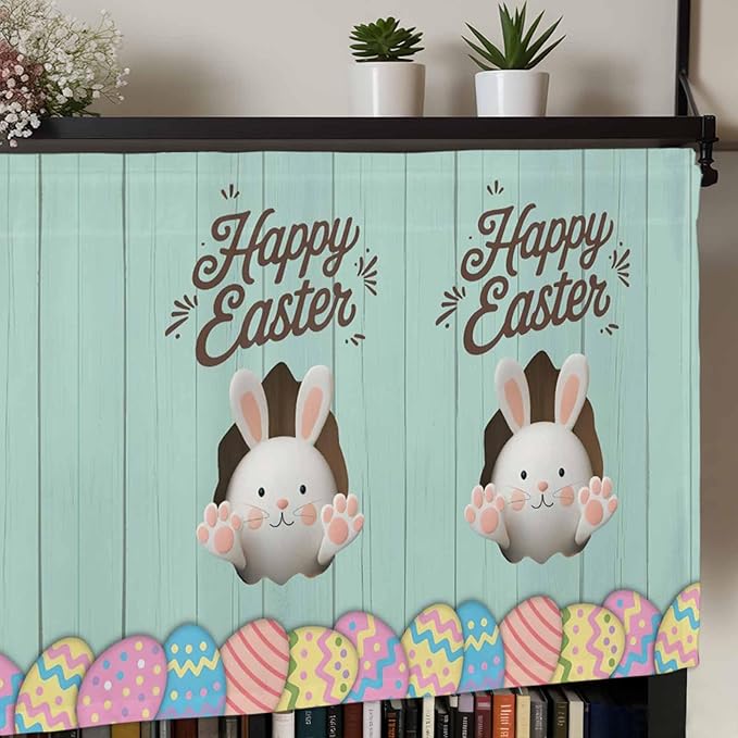 Green Easter Curtain Valances for Windows, Kitchen Valance Window Treatment, Spring Cartoon Bunny Colorful Eggs Wood Grain Light Filtering Block Curtains for Bathroom/Bedroom/Living Room 42'' x 12''