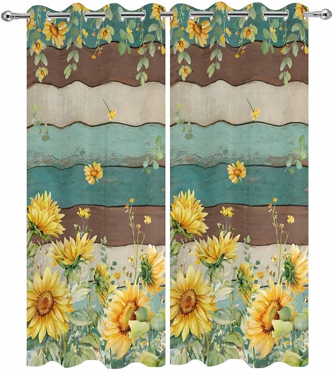 Sunflowers Outdoor Curtains for Patio Summer Floral Eucalyptus Leaves Vintage Wood Waterproof Outside Curtains with Grommet Top Weatherproof Curtain for Cabana Pergola Gazebo, 2 Pack, 54" W x 95" L