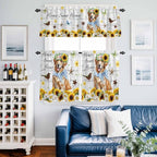 Kitchen Curtains Tiers and Valance Set of 3, Sunflowers Dog Light Filtering Window Curtain Set, Spring Watercolor Floral Stars Wood Grain Rod Pocket Curtain Drapes for Living Room, 24 Inches Tiers