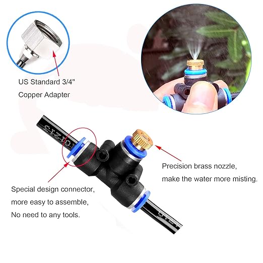 iRuiZhe Misting Cooling System Kit 26.2FT(8M) MistingLine DIY Outdoor Mist Cooling Kit +11 Brass Nozzles Garden Misting Irrigation System for Garden Greenhouse, Flower Bed,Patio,Lawn