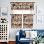 Kitchen Curtains Tiers and Valance Set of 3, Farmhouse Star Brown Light Filtering Window Curtain Set, Retro Branches Berry Wooden Grain Rod Pocket Curtain Drapes for Cafe, Living Room, 36 Inches Tiers