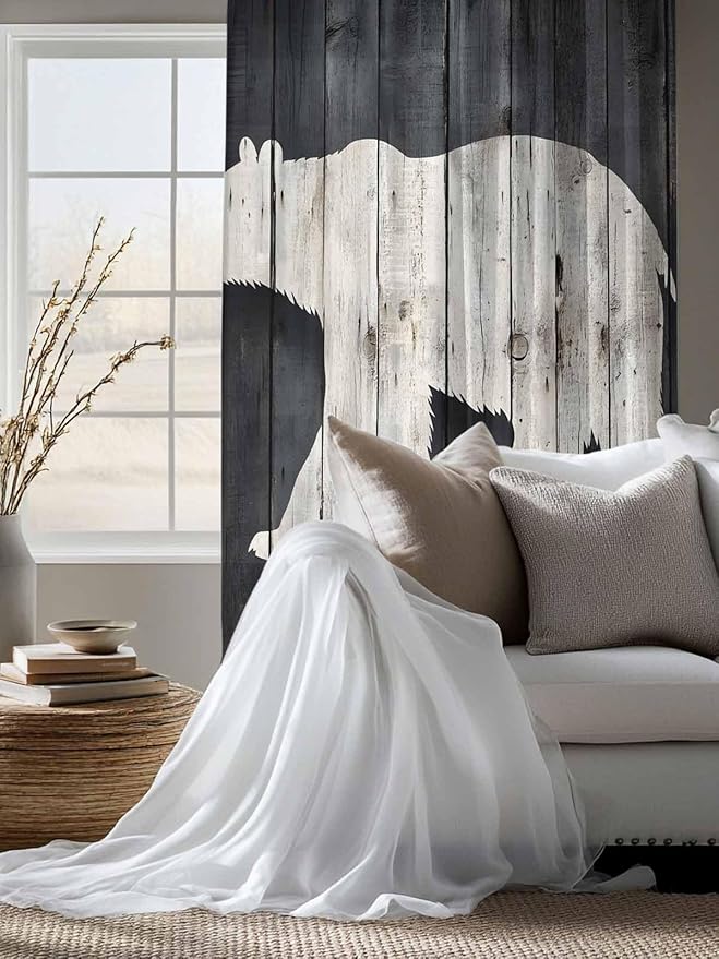 Sheer Curtains 72 Inches Long, White Brown Bear Semi Sheer Curtains Light Filtering Window Treatment, Rustic Counrty Vintage Wood Grain Privacy Voile Drapes for Living Room Bedroom 52x72 Inch