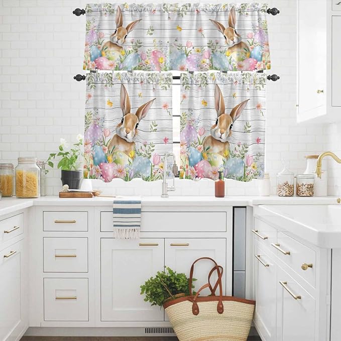 Kitchen Curtains Tiers and Valance Set of 3, Easter Light Filtering Window Curtain Set, Rustic Spring Bunny Eggs Botanical Grey Wooden Rod Pocket Curtain Drapes for Cafe, Living Room, 24 Inches Tiers