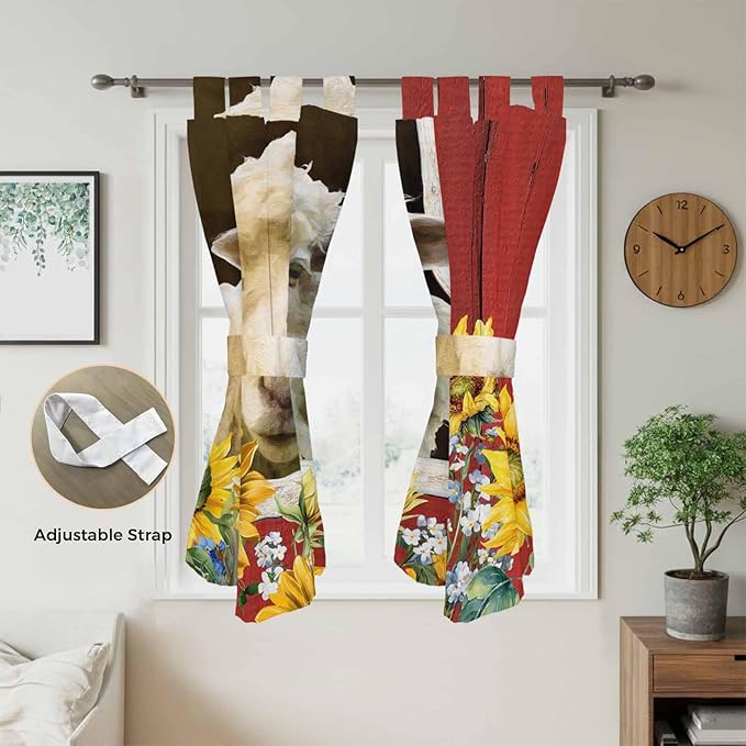 Sheep Flowers Bedroom Curtains 72 Inch Length, Window Curtains Tab Top, Country Red Barn Botanical Sunflowers Light Filtering Window Treatments Drapes 52"x72" 2 Panel