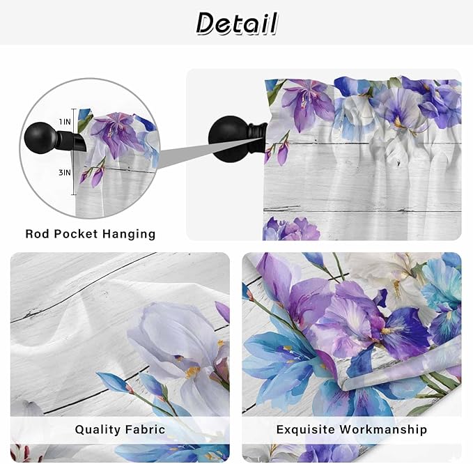 Spring Flowers Tier Curtains, Watercolor Garden Florals Wooden Grain Light Filtering Kitchen Curtains, 2Pcs Rod Pocket Half Window Treatments Panels for Sink Cafe Cabinet Camper 27.5x24 Inches