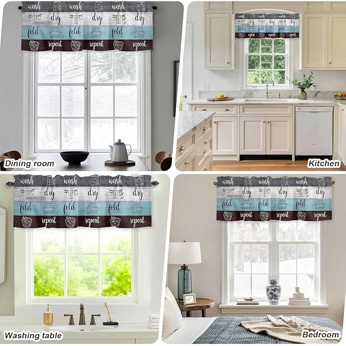 Laundry Rules Valances for Windows, Retro Blue White Wood Board Grain Kitchen Valance Light Filtering Rod Pocket Short Curtains for Kitchen Bathroom, 1 Panel, 42"x12"