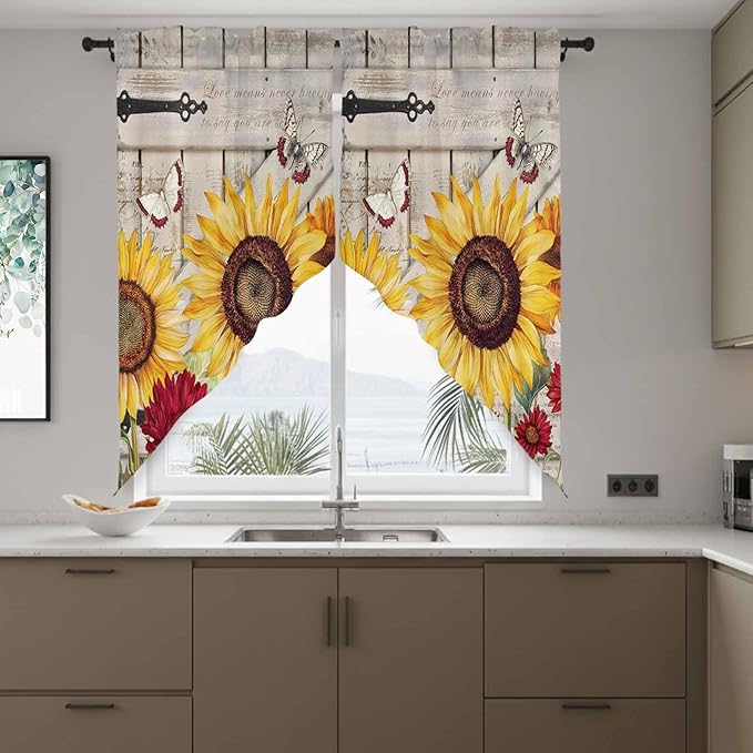 Red Yellow Sunflowers Swag Valances for Windows, Retro Rustic Barn Doors Butterfly Brown Rod Pocket Kitchen Curtains Valance, Kitchen Window Curtains Swag for Cafe Living Room, 2 Panels, 36x45 inch