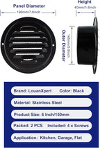 6 Inch Round Air Vent Cover,LouanXpert Stainless Steel Black Soffit Vent Cover Louvered Grille Wall Vent with Built-in Fine Mesh for Garage,House, Flat, Garage (150mm - 2PCS)