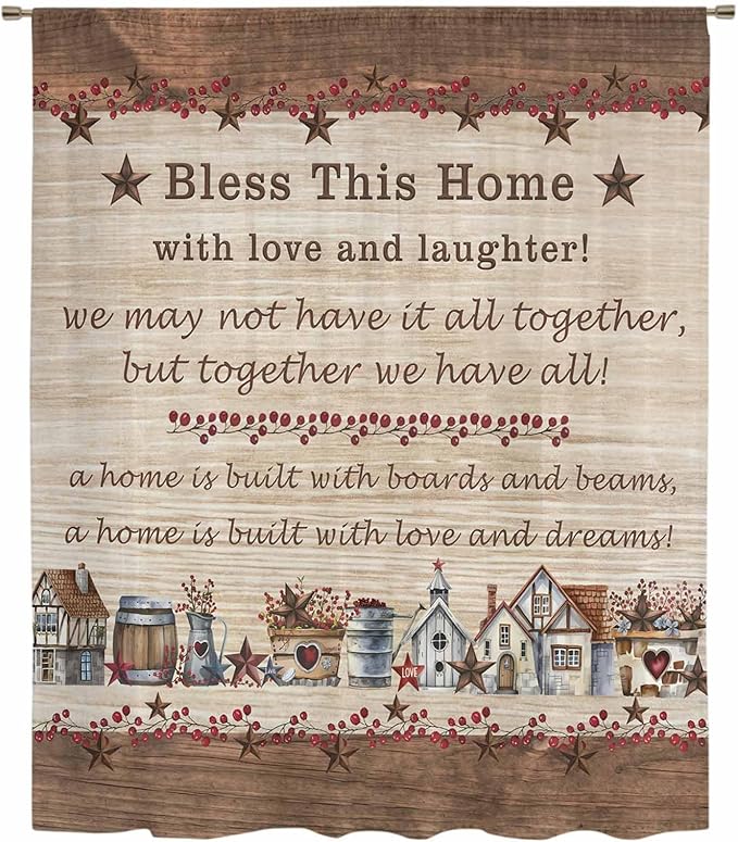 Farmhouse Sheer Curtains 72 Inch Length Brown Country Star Berry Vintage Wood Grain Chiffon Curtain for Bedroom Living Room Light Filtering Rod Pocket Window Treatments Voile Curtains Drapes
