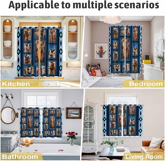 2 Panel Kitchen Cafe Curtains, Desert Camels Sunlight Filtering Nature Air Through, Home Decor Window Covering Tier Curtains for Living Room 55W x 39L inch Wildlife Brown Animals Blue Geometric
