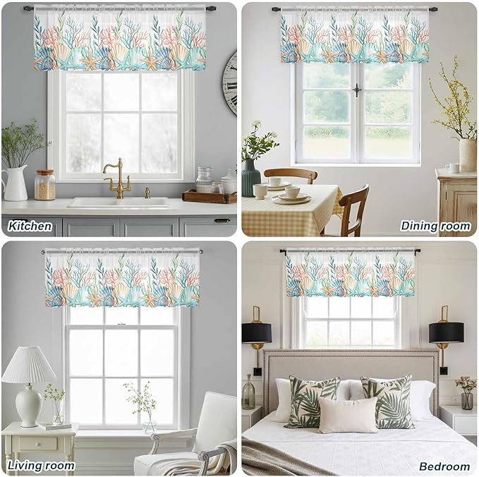 Summer Beach Sheer Valance Curtains, Ocean Colorful Coral Shell Seaweed Starfish Light Filtering Kitchen Valances Rod Pocket Voile Curtain Window Treatment for Bedroom/Living Room/Basement 42Wx18L