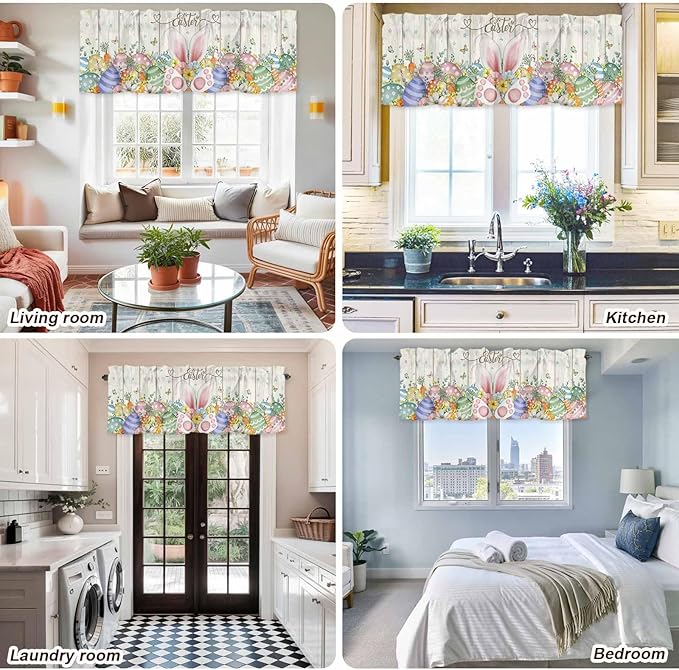 Happy Easter Curtain Valances for Windows, Kitchen Valance Window Treatment, Spring Colorful Eggs Rabbit Ear Feet Flowers Light Filtering Block Curtains for Bathroom/Bedroom/Living Room 54'' x 18''