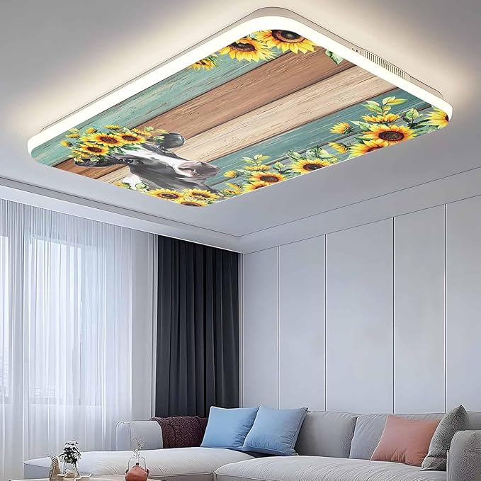 Fluorescent Light Covers Farm Cow Sunflower Magnetic Light Filters Vintage Blue Green Wood Grain Ceiling Light Covers for Classroom Office Home Drop Ceiling Lamp Decor 3 Pieces