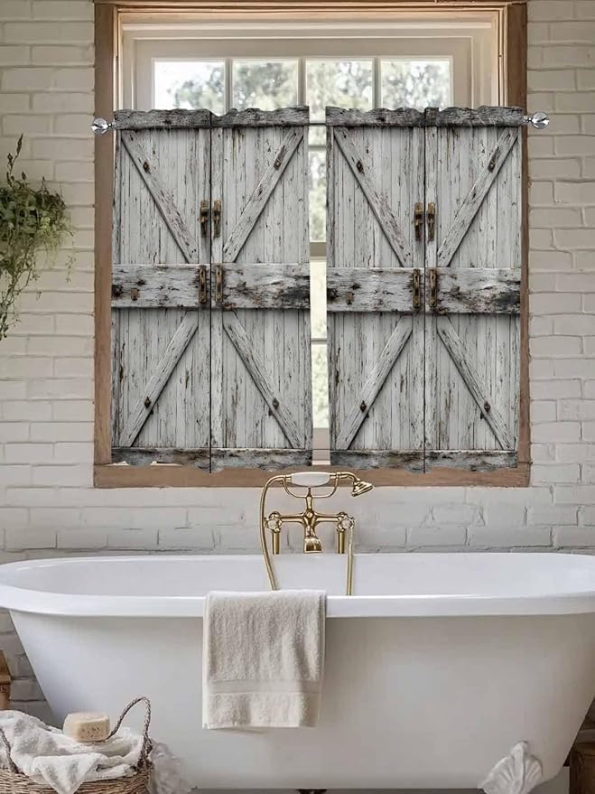Vintage Gate Tier Curtains 45 Inches Long, Farmhouse Wooden Grain Shabby Chic Door Window Treatment Curtain Drapes, Small Curtain Drapes for Bathroom Laundry Room, 27.5"x45", 2 Panels