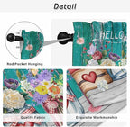 Spring Flowers Tier Curtains, Farmhouse Watercolor Teal Wood Grain Light Filtering Kitchen Curtains, 2Pcs Rod Pocket Half Window Treatments Panels for Sink Cafe Cabinet Camper 27.5x24 Inches