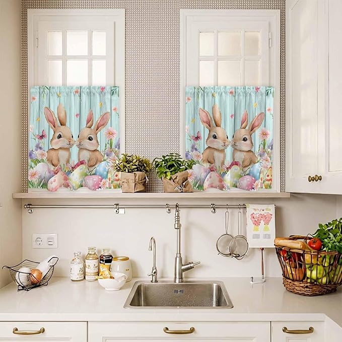 Easter Kitchen Curtains Set 3 Piece for Windows, Rod Pocket Valance and Tier Set 36 Inch Length, Spring Rabbit Colorful Eggs Flowers Wooden Grain Light Filtering Cafe Curtains for Living Room Bathroom