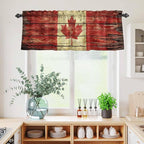Kitchen Curtains Tiers and Valance Set of 3, Canada Light Filtering Window Curtain Set, Red Maple Leaf Flag Farmhouse Shabby Wooden Grain Rod Pocket Curtain Drapes for Living Room, 24 Inches Tiers