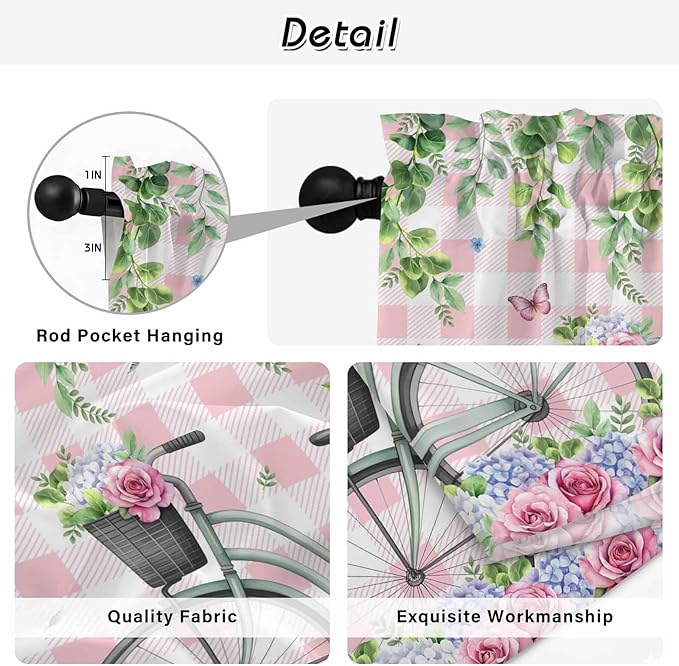 Spring Kitchen Curtains, Bicycles Leaves Butterfly Flowers Pink Buffalo Plaid Light Filtering Window Curtain Panels, 2Pcs Rod Pocket Window Treatments Set for Study Room Bathroom Bedroom 52x54 Inches