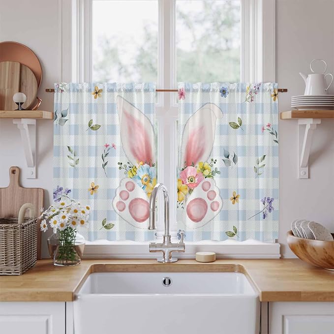 Easter Kitchen Curtains 45 Inch Long 2 Panel Set, Rod Pocket Window Treatment, Spring Rabbits Ears Feet Floral Blue Lattice Light Filtering Panels Short Drapes for Bathroom Camper 42"W x 45"L