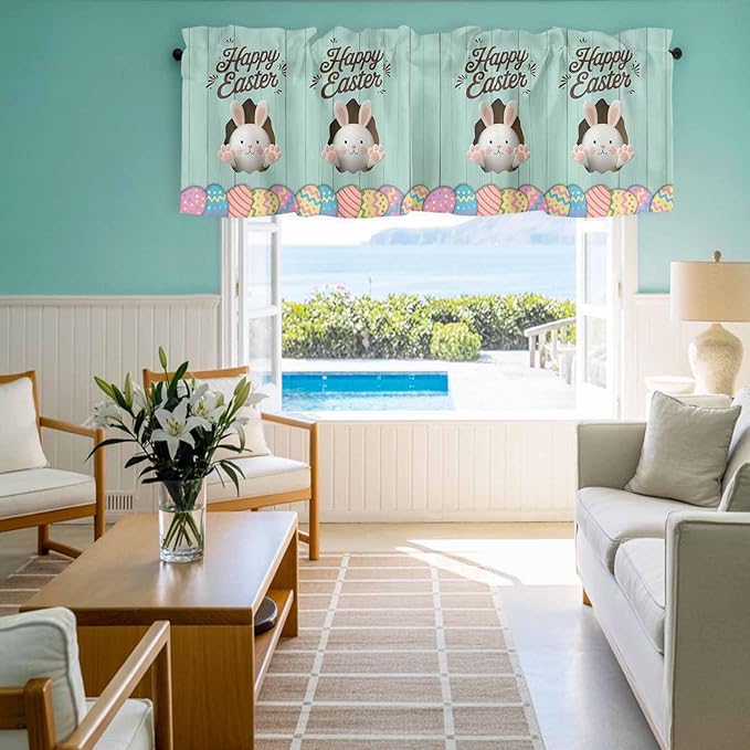 Green Easter Curtain Valances for Windows, Kitchen Valance Window Treatment, Spring Cartoon Bunny Colorful Eggs Wood Grain Light Filtering Block Curtains for Bathroom/Bedroom/Living Room 54'' x 18''