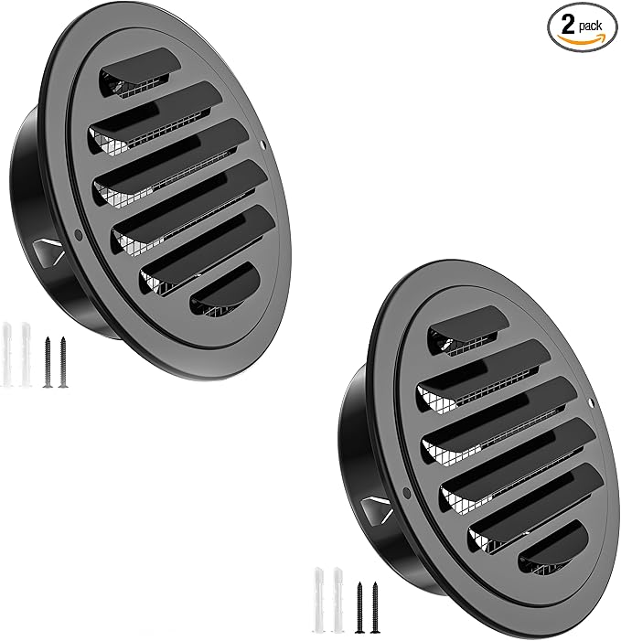 HG Power 4 Inch Black Stainless Steel Soffit Vent Cover - Round Exhaust Vent with Mesh Screen for Indoor/Outdoor Use in Homes, Offices, Factories (2-Pack, Hardware Not Included)
