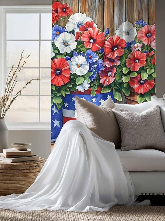 Sheer Curtains 72 Inches Long, Red Blue Flower Semi Sheer Curtains Light Filtering Window Treatment, Retro Independence Day Flag Wood Grain Privacy Voile Drapes for Living Room Bedroom 52x72 Inch
