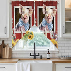 Pig Sunflowers Swag Valances for Windows, Eucalyptus Leaves Floral Bees Red Barn Rod Pocket Kitchen Curtains Valance, Small Window Curtains Swag for Cafe Bathroom Living Room, 2 Panels, 28x36 inch