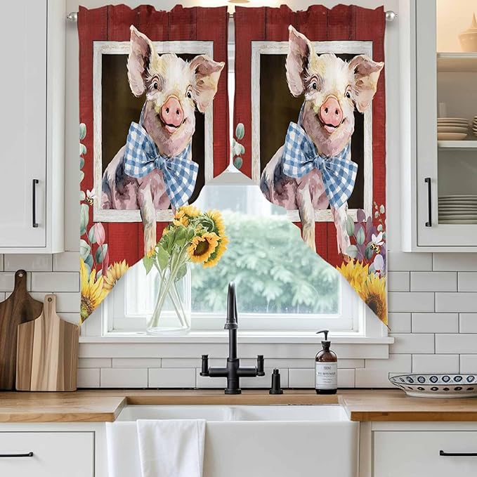 Pig Sunflowers Swag Valances for Windows, Eucalyptus Leaves Floral Bees Red Barn Rod Pocket Kitchen Curtains Valance, Kitchen Window Curtains Swag for Cafe Bathroom Living Room, 2 Panels, 36x45 inch