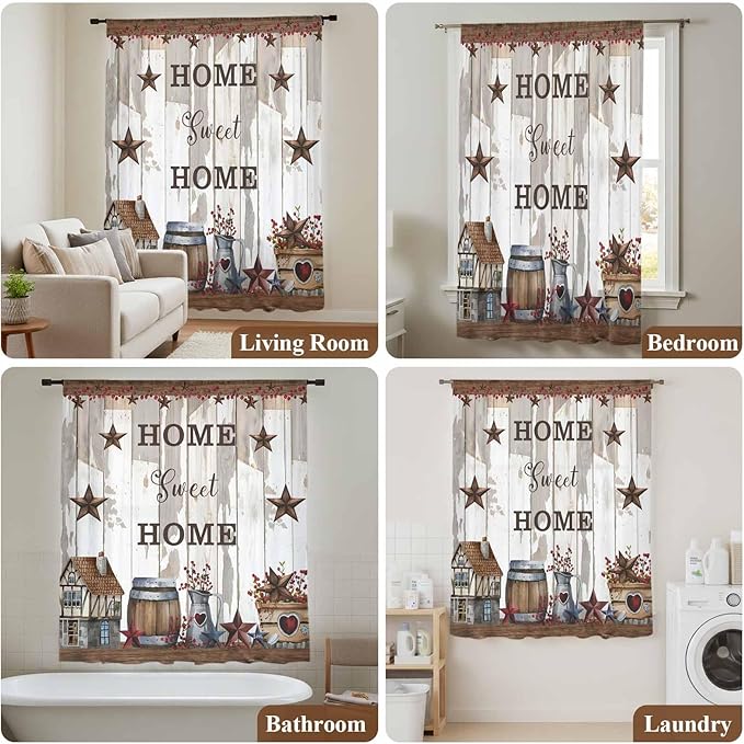 Farmhouse Sheer Curtains 108 Inch Length Retro Country Star Berry Vintage Wood Grain Chiffon Curtain for Bedroom Living Room Light Filtering Rod Pocket Window Treatments Voile Curtains Drapes